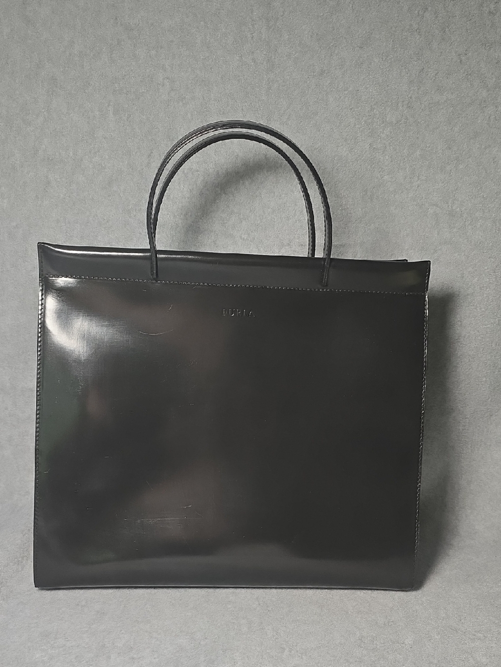 Furla Vintage Black Patent Leather Top Handle Tote